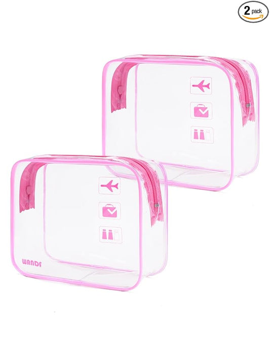 WANDF TSA Approved Toiletry Bag, 2 Packs Travel Clear Toiletry Bag, Quart Size Makeup Cosmetic Pouch with Zipper, Carry-On Airport Compliant Bag for Women and Men (2pcs Pink)