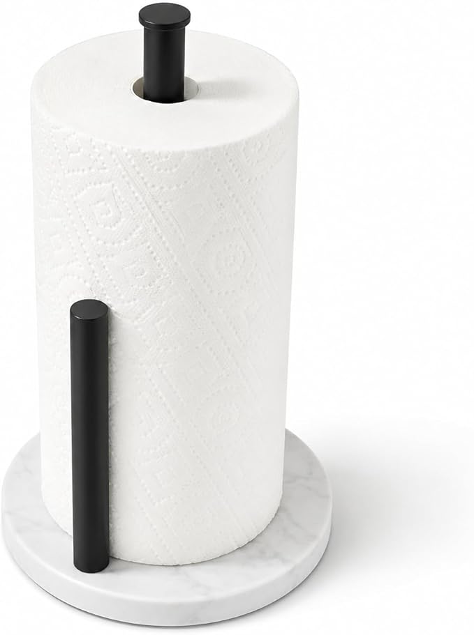 Matte Black Paper Towel Holder,Stainless Steel Paper Towel Holder for Kitchen Roll Organize, Standard or Jumbo-Sized Roll Paper, Countertop Roll Dispenser with Marble Base