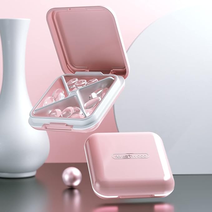 Small Pill Box, Travel Pill Case, Dtouayz Portable Medicine Organizer, Vitamin and Medication Dispenser, Cute Daily Pill Holder for Purse or Pocket, Waterproof 4 Compartment Travel Pill Container Pink