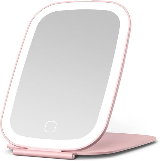 Rechargeable Travel Mirror with Light, 3 Lighting Modes, 7" x 5" Portable Foldable Mirror for Home & Travel, Pink
