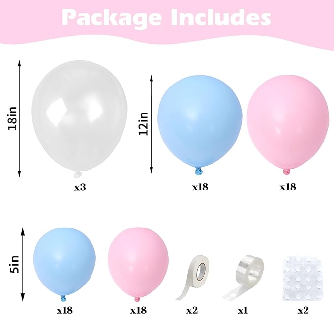Pink and Blue Balloons Garland Arch Kit,Gender Reveal Balloon,Pink Blue White Clear Party Latex Balloons with 18/12/5 Inch Different Sizes for Gender Reveal Birthday Baby Shower Wedding Anniversary
