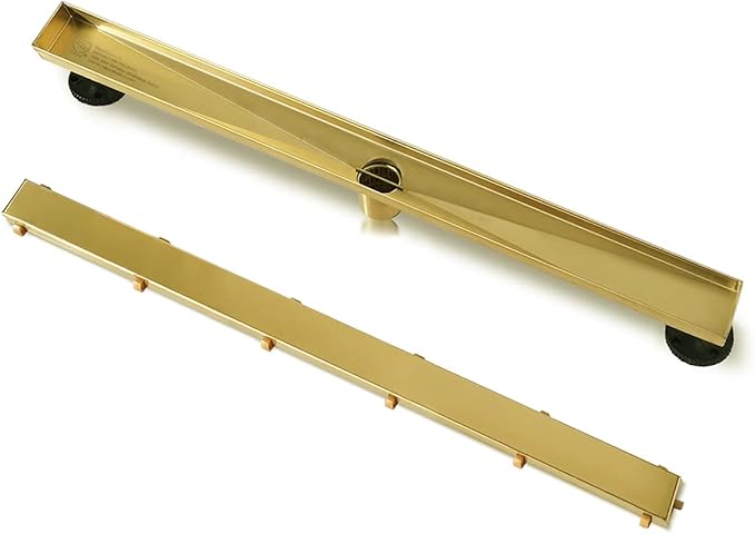 Neodrain 48-Inch Gold Linear Shower Drain, 2-in-1 Flat & Tile Insert Cover, Stainless Steel Linear Drain, Brushed Brass Rectangle Shower Floor Drain with Hair Strainer, CUPC Certified