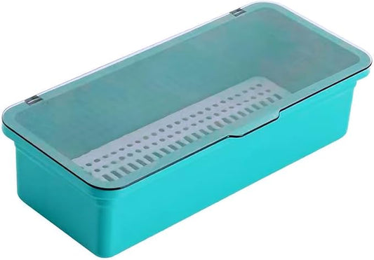 Flatware Tray with Lid and Drainer, Silverware Tray Kitchen Dinnerware Holder and Utensil Storage Container for Flatware and Silverware (Blue)