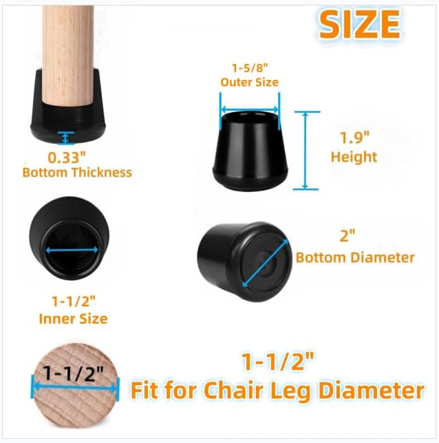 Furnigear Chair Leg Tips Caps Non-Slip Rubber Leg Tips 1-1/2” Inner Diameter Chair Leg Floor Protectors Round Black 4 Pack (Fit Round Diameter 38-39mm)