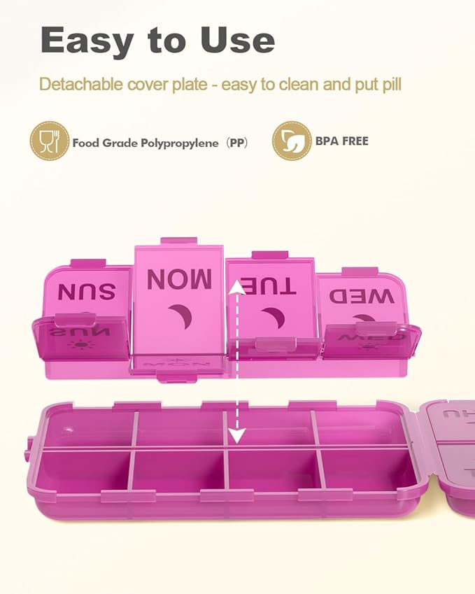 Pill Organizer Medicine Organizer Travel Essentials - Weekly Medicine Dispenser with Etched Labels, 7 Day AM PM Dispenser, Travel Pill Box, Foldable Medicine Case