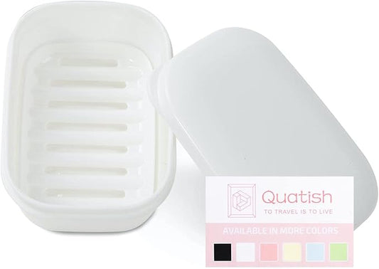 Quatish Leakproof Soap Dish with Lid & Draining Layer, Shatterproof Travel Bar Soap Holder Case Container, Portable Travel Size Toiletries Essentials for Camping, Gym, Bathroom, White
