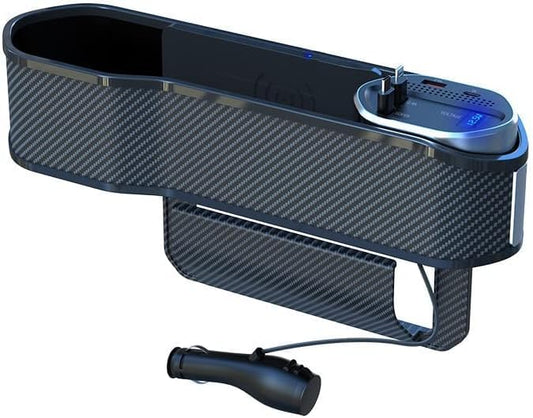 5 in 1 Car Seat Gap Filler Organizer with Wireless Charger and Cigarette Lighter, 2 Charging Cables, Retractable Charging Cords iOS Type-C USB Port Fast Charge Storage Box Cup Holder