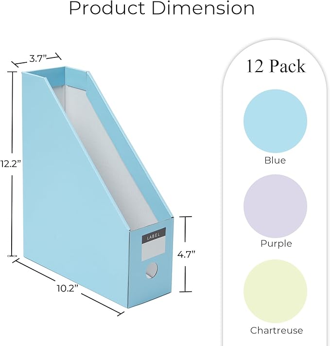 Y YOMA Cardboard File Magazine Holder, Pastel Color, 12 Pack Desktop Binder Holder with Labels Vertical File Storage Foldable Organizer Box, for Office Classroom Home Workspace
