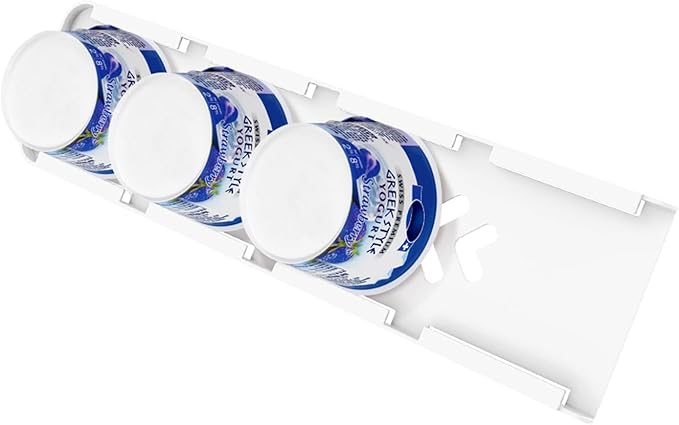 SOPHICO Yogurt Organizer for Fridge, 4 Capacity Sliders for Refrigerator, Holder with Adhesive Tapes for 3.75 Inch Yogurt, Greek and Vegan (White,1 Pack)