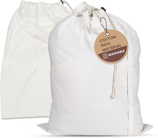 LFH Home Large Premium 1-pack Cotton Canvas Laundry Bag with Drawstring and Handles, Heavy Duty, Multi-Use, Washable for Home, Travel, College or Storage, 18x26 - White
