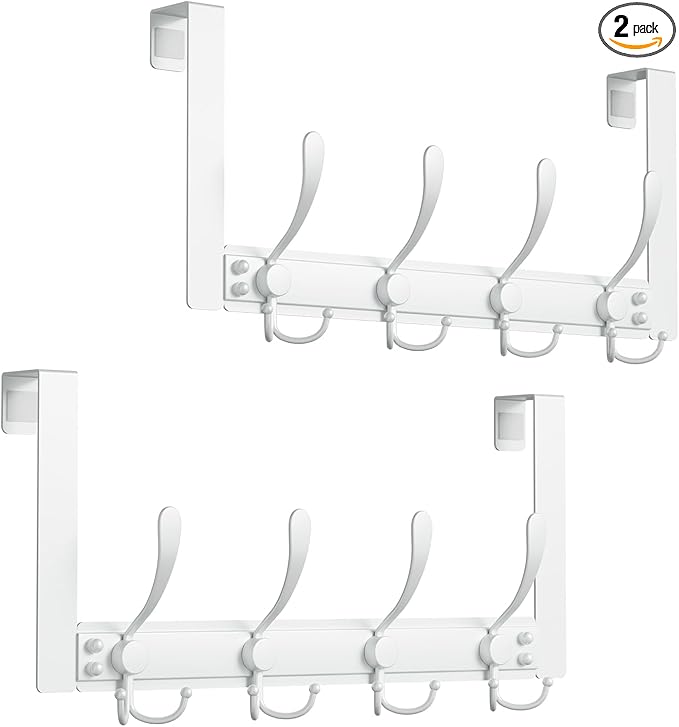 Over The Door Hooks Rustproof - 25lb Heavy Duty Over The Door Towel Rack, Door Hanger for Bathroom, Coat Rack Dorm Room Essentials (2Pack, White)
