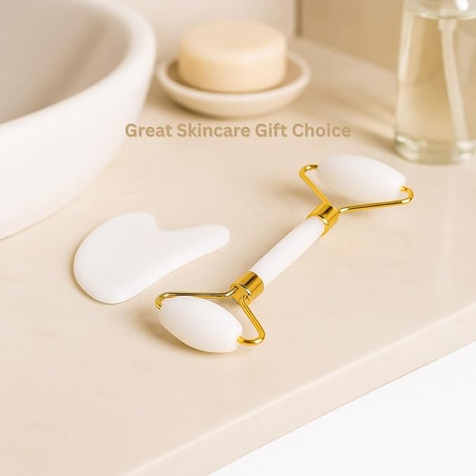 Gua Sha Facial Tool and Jade Roller Set –Anti-Aging Tools for Lymphatic Drainage, Puffiness, Wrinkles, and Relaxation – Skincare Tool for Face and Neck (White)