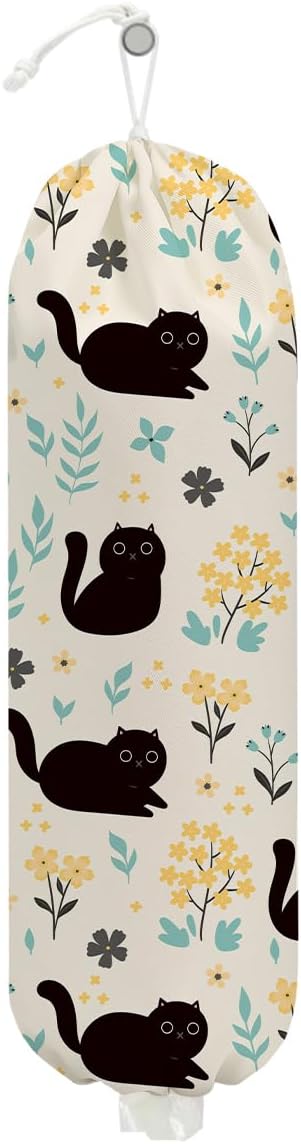 Cute Cat Plastic Bag Holder, Vintage Floral Plastic Bag Holders for Grocery Bags, Washable Grocery Bag Storage Dispenser for Home Kitchen Pantry Decor, Cat Lover Gifts for Women, 22.5x9 Inch