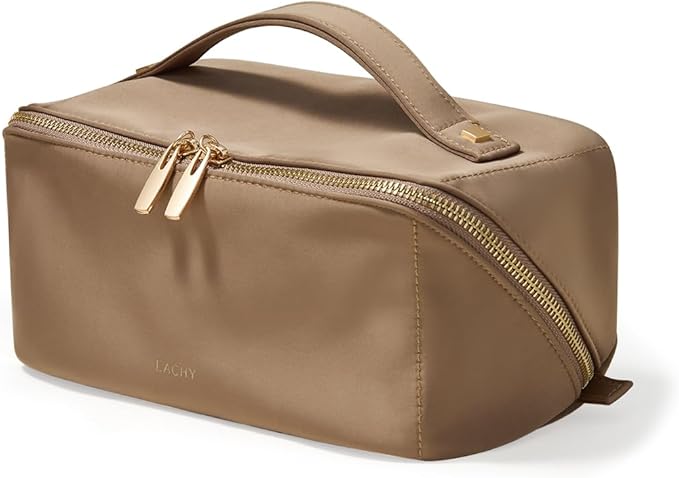 EACHY Travel Makeup Bag, Large Capacity Cosmetic Bag for Women, Waterproof PU Leather, Flat Open Portable Toiletry Bag for Skincare, Brushes & Travel Essentials