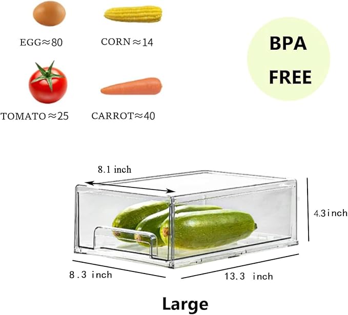 MANO 2 Pack Clear Fridge Drawers, Pull Out Stackable Refrigerator Drawer Organizer Bins, Pantry Storage Box Plastic Food Containers for Kitchen Bathroom Office Closet (2 Pack Large)