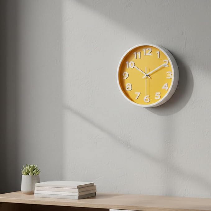 10 Inch Yellow Wall Clock with 3D Big Numbers, Modern Round Silent Non-Ticking Clock, Easy to Read for Kitchen & Office, Bright Housewarming Gifts for Home Decor