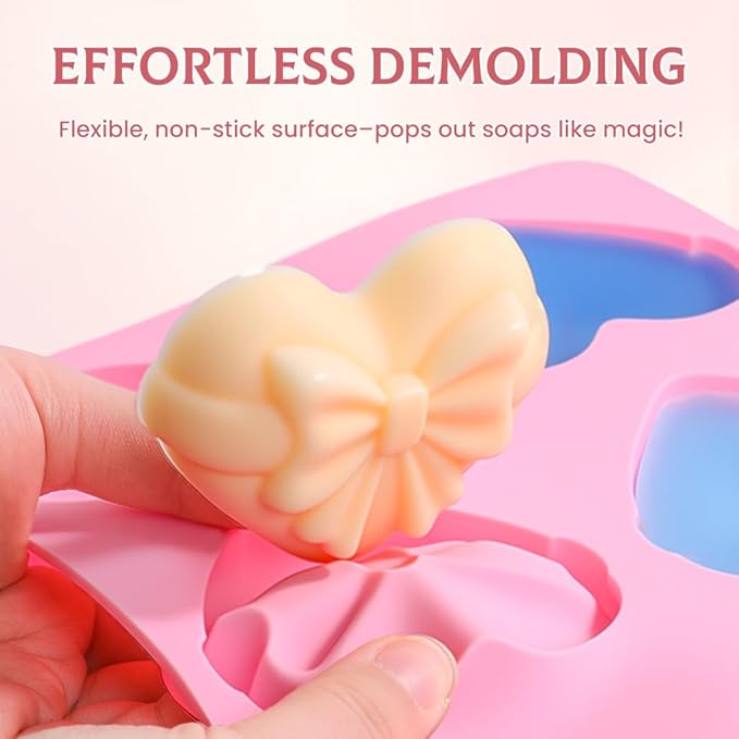 SJ Heart&Bow Shaped Silicone Mold 2 Packs, Soap Molds for Soap Making, 6 Cavities Heart Silicone Mold for Chocolate Cake Jelly Pudding Handmade Soap Mould Candy Making Ice Cube Trays Set of 2 -Pink