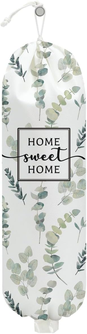 Eucalyptus Leaves Plastic Bag Holder, Wall Mount Grocery Bag Holder for Plastic Bags, Reusable Grocery Bags Storage Dispenser, Farmhouse Home Kitchen Decor, Housewarming Gifts for Women Mom Grandma