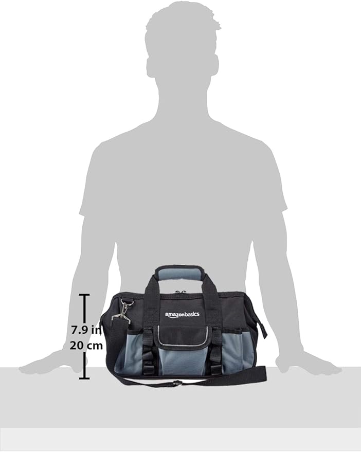Amazon Basics Durable Wear-Resistant Tool Storage Bag with Adjustable Shoulder Strap, Portable Tool Organizer, 16 Pockets, 12 in, Black & Gray
