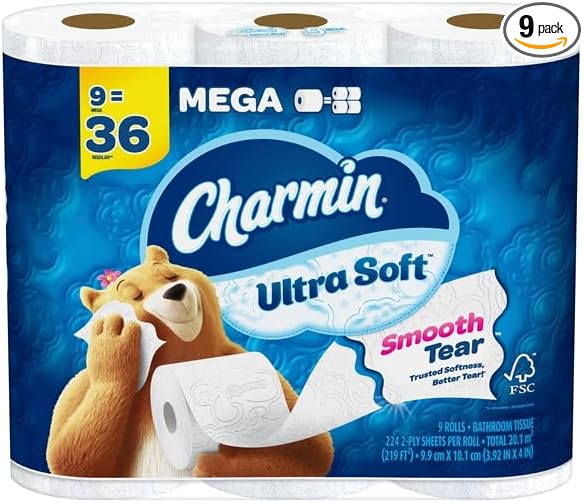 Charmin Ultra Soft Toilet Paper, 9 Mega Rolls = 36 Regular Rolls