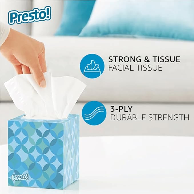 Amazon Brand - Presto! Ultra-Soft 3-Ply Premium Facial Tissues, 264 Count (4 Cube Boxes of 66), Packaging May Vary