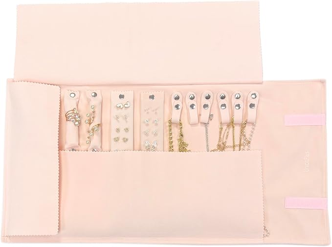 UnionPlus Velvet Travel Jewelry Case Roll Bag for Necklaces Brackets, Great Jewelry Organizer for Travel, Multi Jewelry Organizer, Pink