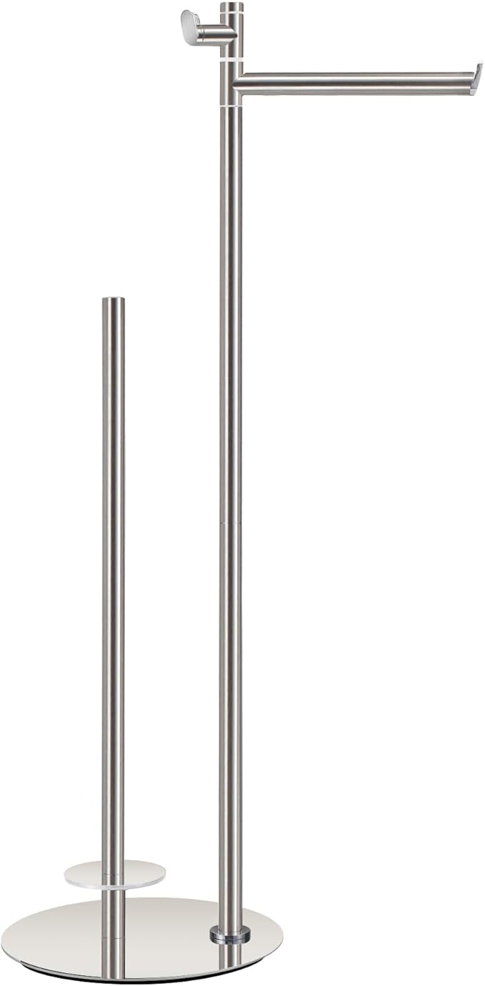 BVL Toilet Paper Holder Stand in Brushed Nickel, SUS304 Stainless Steel, Weighted Base, Holds 5 Jumbo Rolls, Waterproof Pad, Space-Saving Modern Bathroom Storage with Built-in Hook