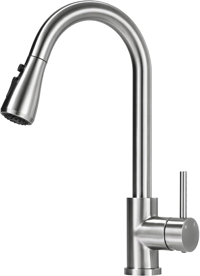 Kitchen Faucet with Pull Down Sprayer, VFAUOSIT Lead-Free Kitchen Sink Faucet Brushed Nickel Stainless Steel High Arc Pull Out Single Hole Kitchen Faucets for Pot Filler, Farmhouse RV Bar Laundry Room