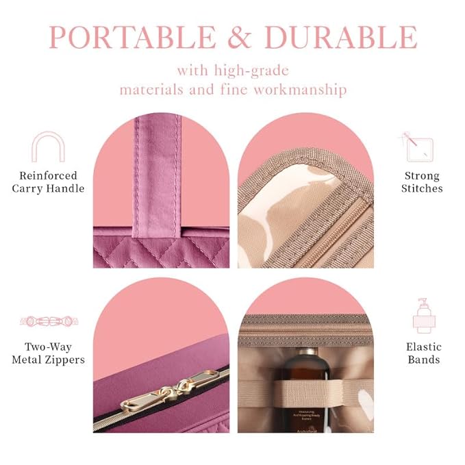HOTOR Travel Toiletry Bag - Hanging Toiletry Bag for Women & Men, Makeup Bag/Big Compartment, Waterproof for Travel Accessories, Travel Essentials, Medium, Rosewood-Pink