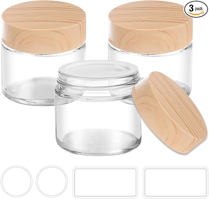 2 oz Small Glass Containers with Lids, Glass Jars with Woodgrain Lids & Inner Liners, Reusable Travel Containers for Creams, Makeup, Lotion, Cosmetic - 3 pack