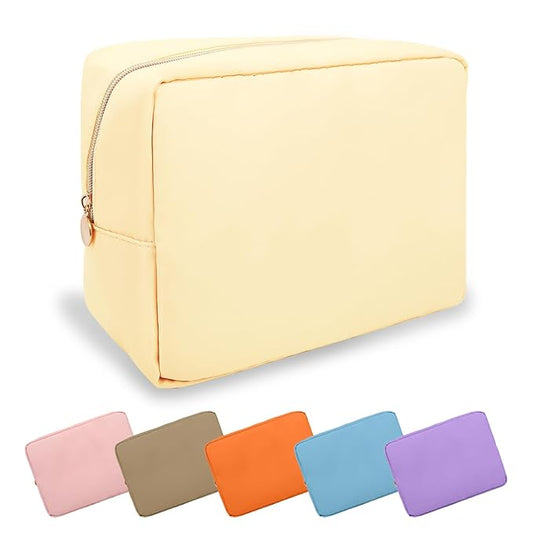 Large Makeup Bag Pouch, Nylon Women Travel Toiletry Storage Bag, Preppy Cosmetic Bag for Girls, Big Makeup Organizer Bag, Cute Zipper Pouch Skincare Bag for Sport Work Gift (Large-Sand)