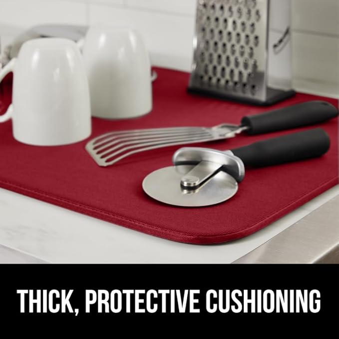 GORILLA GRIP Ultra Water Absorbent Microfiber Dish Drying Mat, 18x24, Quick Dry Thick Mesh, Slip Resistant Pad for Sink Dishes or Under Rack, Kitchen Counter Accessories, Machine Wash, 2 Pack Red