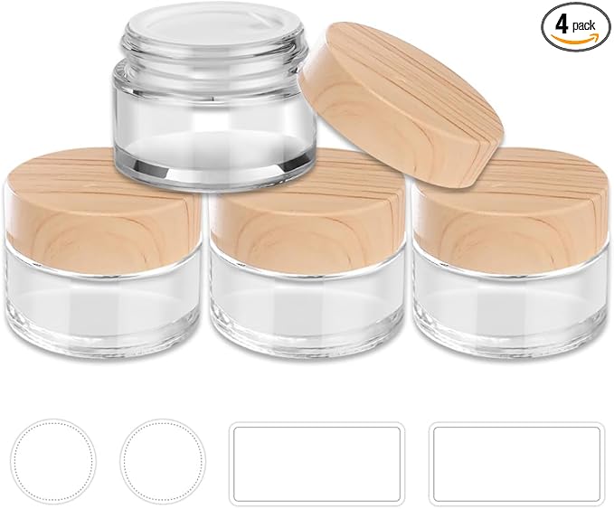 1 oz Glass Jars with Lids, Small Glass Containers with Plastic Woodgrain Lids & Inner Liners, Reusable Travel Containers for Creams, Makeup, Lotion, Cosmetic 4 pack
