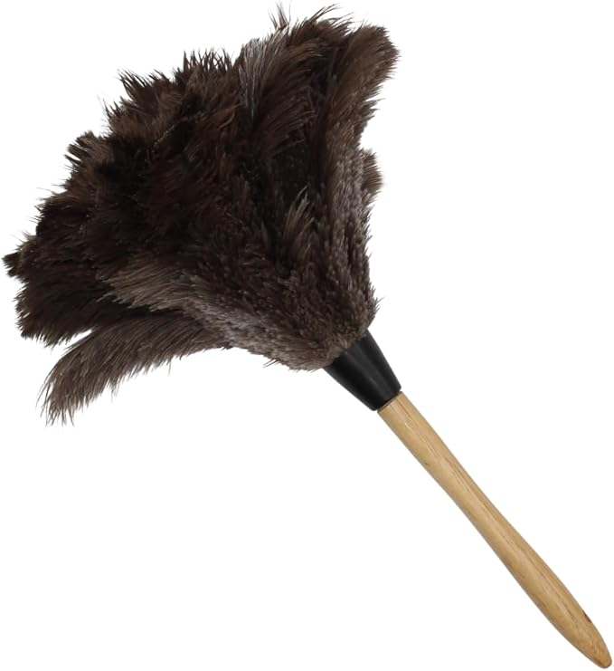Ostrich Feather Duster with Wooden Handle 14" – Natural Reusable Feather Duster for Cleaning, Furniture & Shelves, Blinds, Ceiling Fan, Dusting Tool for Home, Office, Delicate Surfaces - 1 Pack