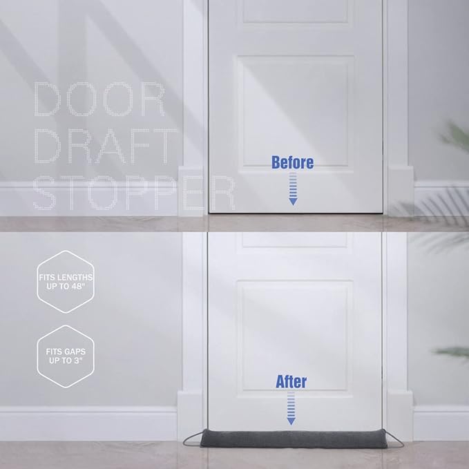Door Draft Stopper, 48 Inch Weighted Under Door Noise Cold Air Blocker, Heavy Duty Sound Proof Draft Guard Gap Snake for Bottom of Doors and Windows (Gray)