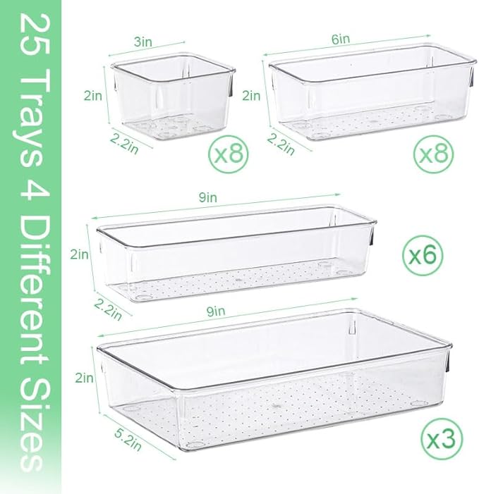 25 PCS Transparent Plastic Drawer Organizer Set, 4 Sizes of Multifunctional Desktop Drawer Organizer, Suitable for Cosmetics Jewelry As Well As small Tools in Bedrooms Bathrooms Kitchens and Offices