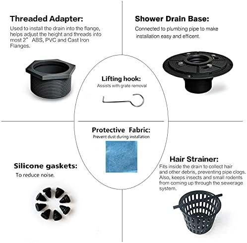 Neodrain 6-Inch Black Shower Drain, Square Drains with Removable Quadrato Pattern Cover, 304 Stainless Steel, Shower Drain Kits with PVC Base&Hair Catcher Strainer, Shiny Black