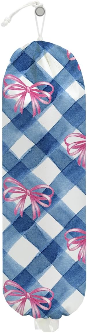 Pink Bow Plastic Bag Holder for Kitchen Essentials, Wall Mount Grocery Bag Holder for Plastic Bags, Blue White Plaid Reusable Shopping Bags Storage Dispenser for Home Kitchen Pantry, 22.5x9 Inch