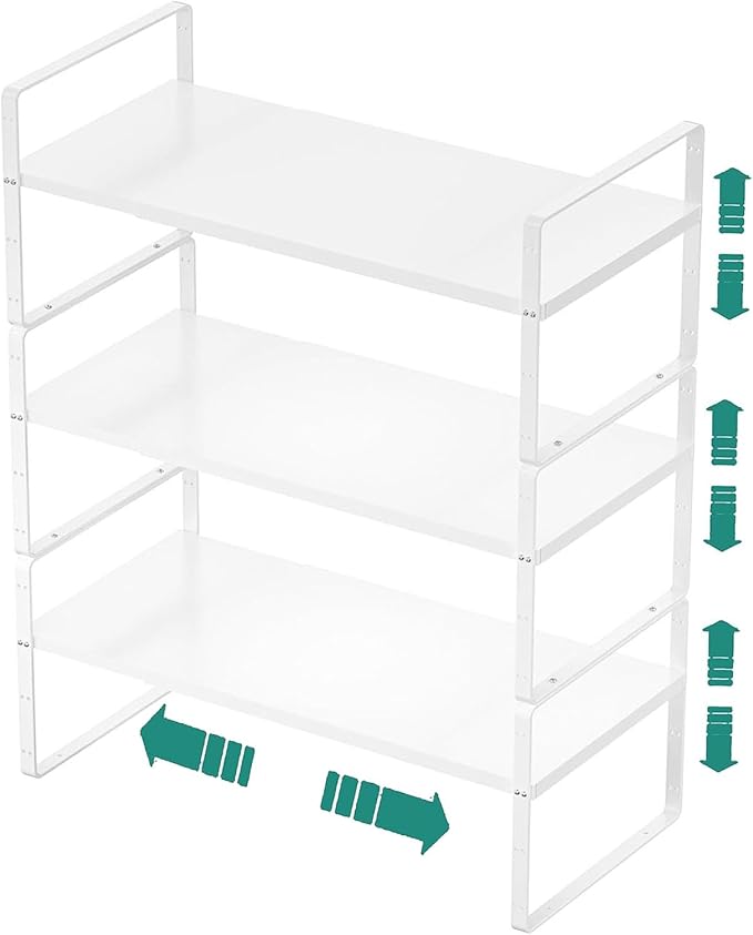 Expandable Cabinet Shelf Organizer Rack, Stackable Kitchen Counter Storage Shelves Stand, Adjustable Height Pantry Shelf Spice Rack, Heavy Duty Non-slip White Large 3-Pack