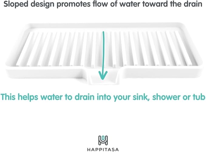 Happitasa Silicone Soap Dish Tray and Sponge Holder with Drain Chute | Bathroom and Kitchen Sink Organizer Caddy (White, 9"x3.5", 5.6 Ounces)