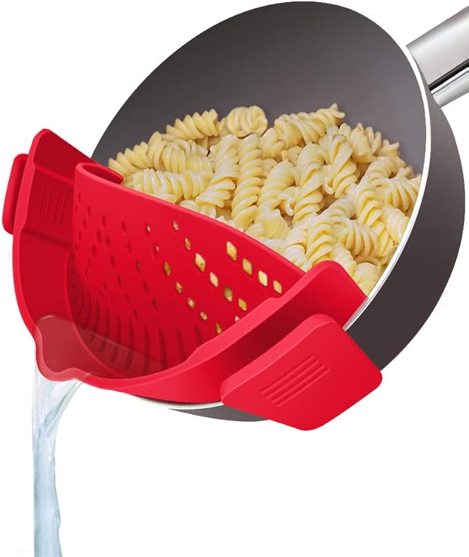 YEVIOR Clip on Strainer for Pots Pan Pasta,Silicone Food Strainer Hands-Free Pan Strainer, Clip-on Kitchen Food Strainer for Spaghetti, Pasta, Ground Beef Fits All Bowls and Pots (Red)
