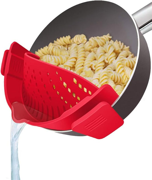 YEVIOR Clip on Strainer for Pots Pan Pasta,Silicone Food Strainer Hands-Free Pan Strainer, Clip-on Kitchen Food Strainer for Spaghetti, Pasta, Ground Beef Fits All Bowls and Pots (Red)