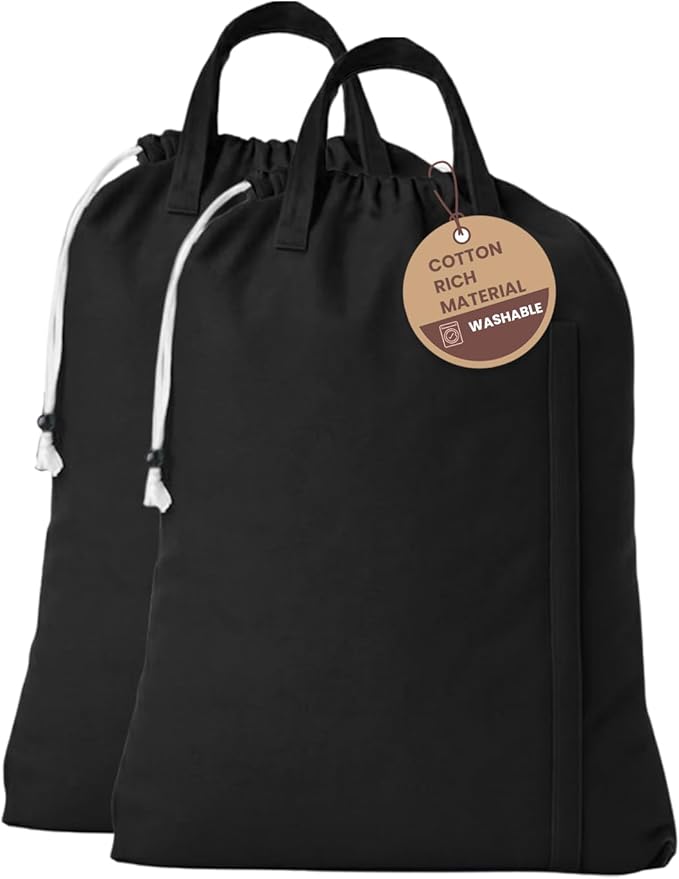LFH Home Large Premium Cotton Canvas Laundry Bag with Drawstring and Handles, Heavy-Duty, Multi-Use, and Washable for Home, Travel, College, or Storage, 20x30 (Pack of 2) - Black