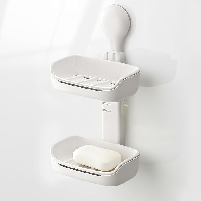 Double Soap Holder, Strong Hold Suction Cup Soap Dish, No Drill Double Layer Tray for Sponge and Bath Essentials, Wall Mount Organizer for Bathroom & Kitchen Sink, White