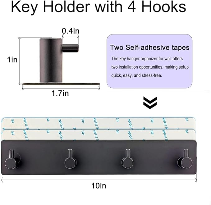 StrugDeas Key Holder for Wall with 2 Self-Adhesive Tapes， Key Hanger Organizer for Wall with 4 Hooks，Metal Key Rack for Door, Entryway, Kitchen Bathroom(Black)
