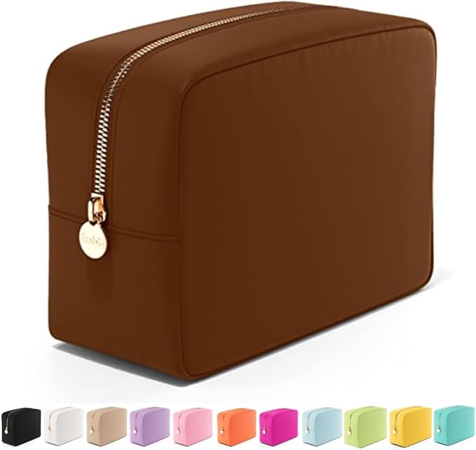 Embla Makeup Bag Travel Cosmetics Pouch and Toiletry Bag, Nylon Zipper Pouch Purse, Cute Make Up Organizer Storage Tote for Women Girls, Waterproof Travel Skincare Case, Large Makeup Bags, Chocolate