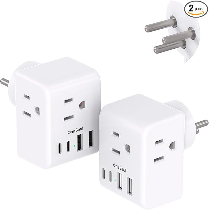 2 Pack Israel Power Adapter, One Beat Israel Travel Plug Adapter with 3 American Outlets 4 USB Ports (2 USB C), 7 in 1 Type H Travel Adapter Plug Converter for US to Israel, Jerusalem, Palestine