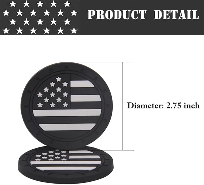ACODABLEM 2 Pack Car Cup Holder Coaster, 2.75 Inch American Flag Soft Rubber Pad Set Round Auto Cup Holder Insert Drink Coaster Car Interior Accessories (Black White)