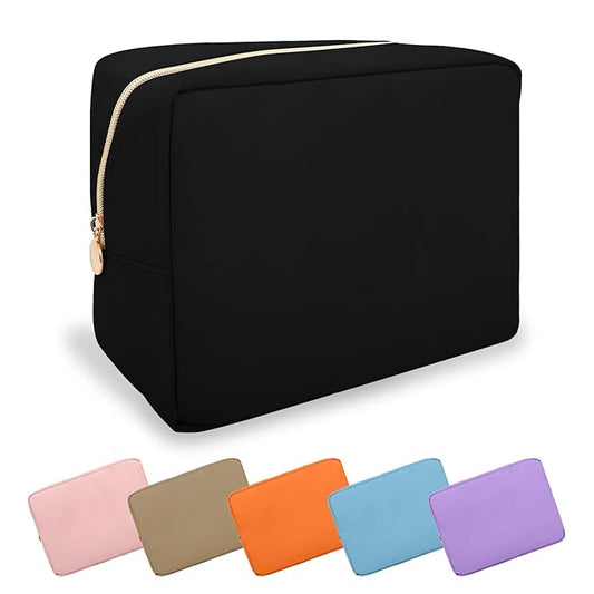Waterproof Large Makeup Pouch,Nylon Women Travel Toiletry Storage Preppy Cosmetic Bag for Girls,Big Makeup Organizer Bag Cute Zipper Pouch for Sport Work Gift(Large-Black)