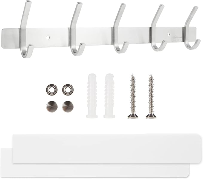 Coat Rack Wall Mounted, Stainless Steel Silver Towel Racks with 5 Hooks for Bathroom Kitchen Bedroom Door